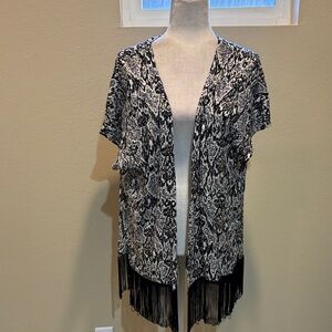 IMAN Black and White with Metallic Gold Detail Kimono with Fringe.